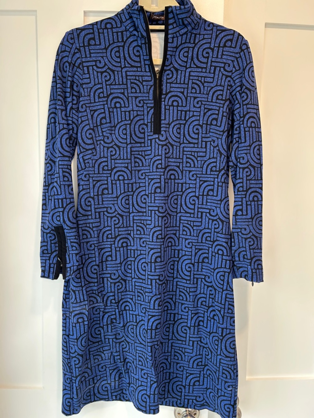 J. McLaughlin Blue Geometric Half-Zip Knit Dress